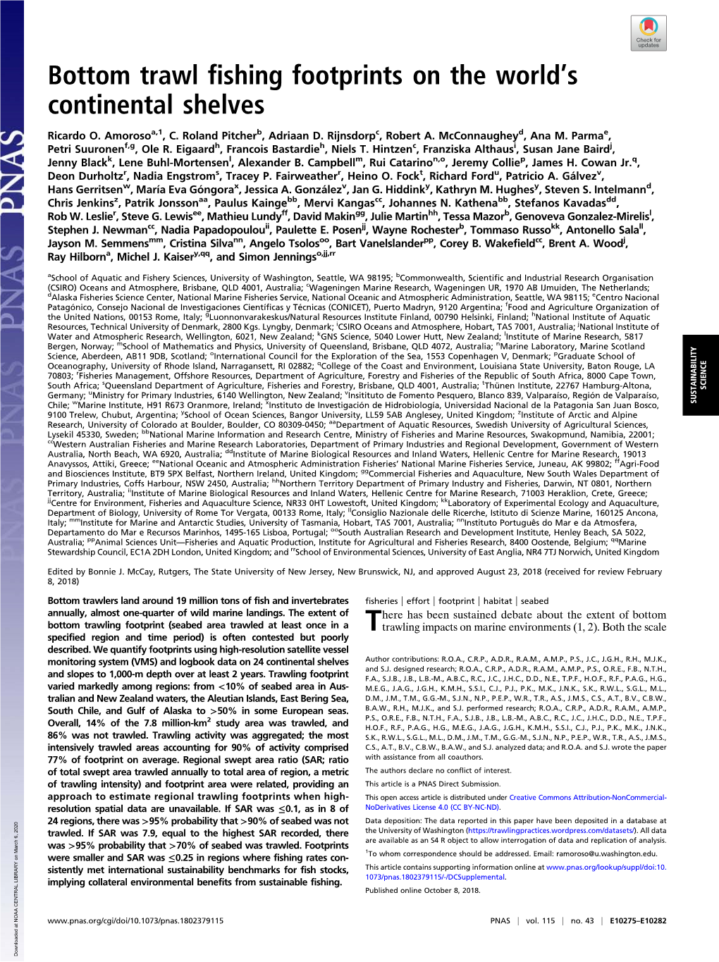 Bottom Trawl Fishing Footprints on the World's Continental Shelves