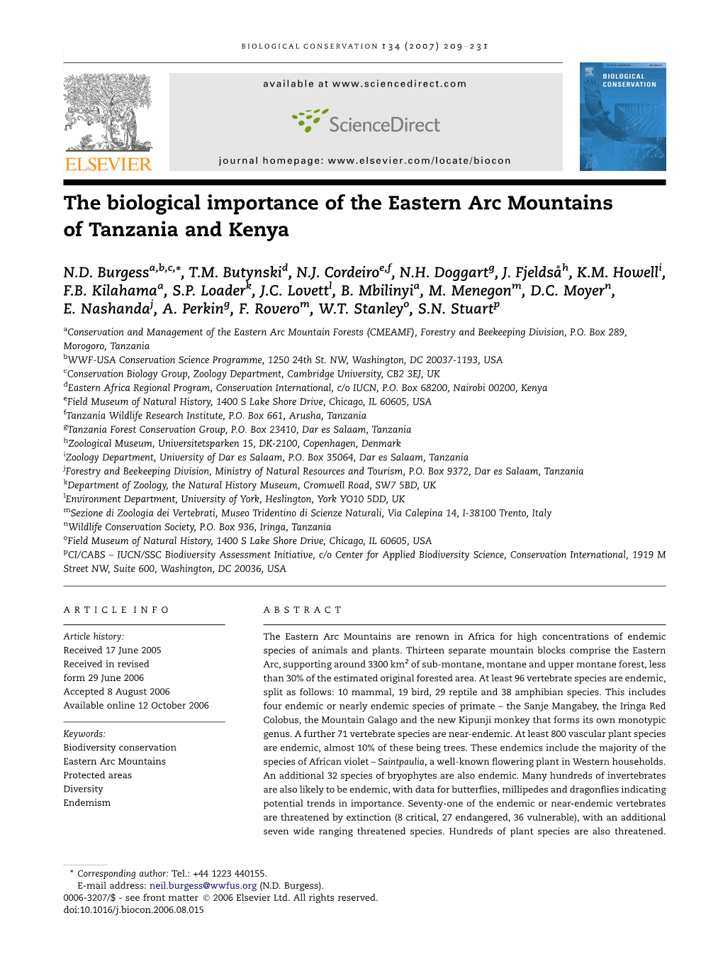 The Biological Importance of the Eastern Arc Mountains of Tanzania and Kenya