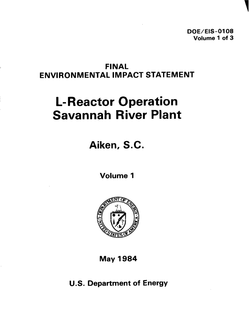 L-Reactor Operation Savannah River Plant