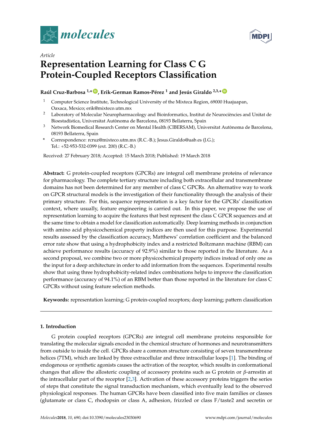 Representation Learning for Class C G Protein-Coupled Receptors Classiﬁcation