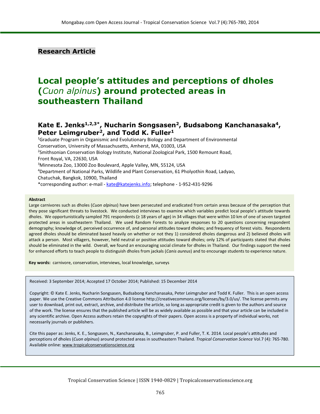 Local People's Attitudes and Perceptions of Dholes (Cuon Alpinus)