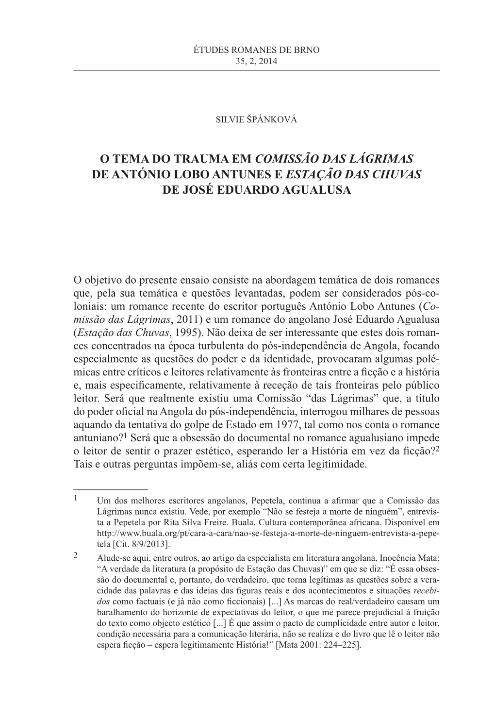 O Tema Do Trauma Em Comissão Das Lágrimas De António Lobo Antunes E Estação Das Chuvas De José Eduardo Agualusa