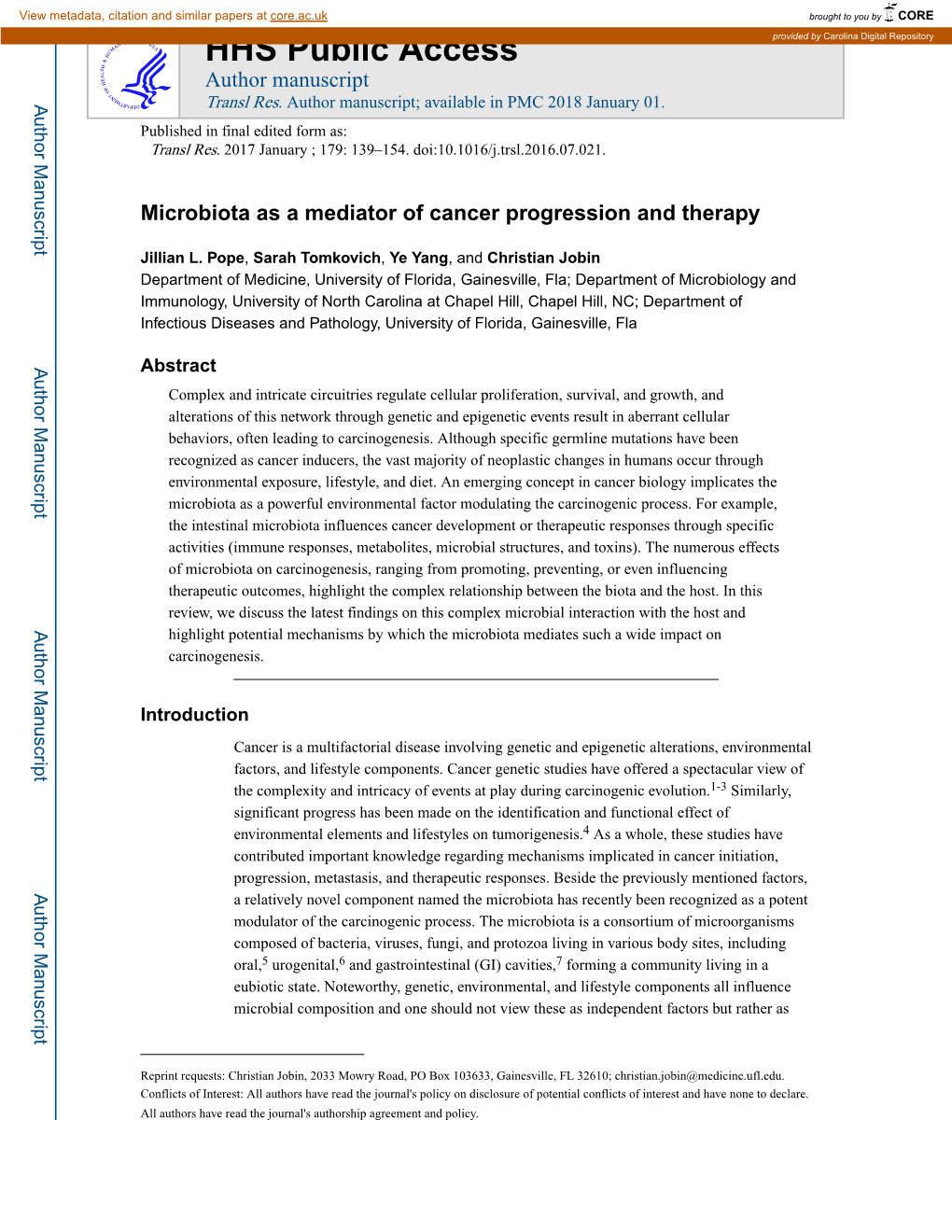 Microbiota As a Mediator of Cancer Progression and Therapy