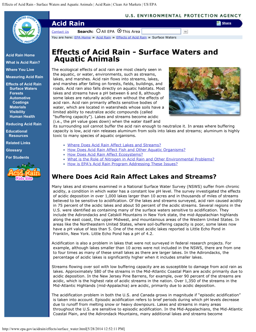 Acid Rain - Surface Waters and Aquatic Animals | Acid Rain | Clean Air Markets | US EPA