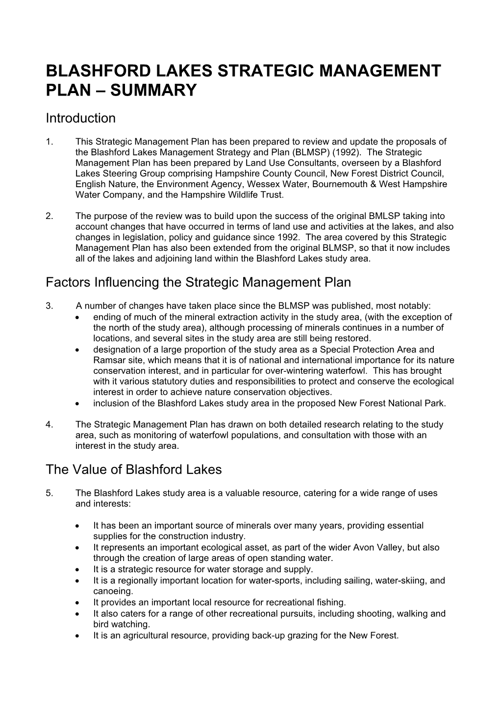 Blashford Lakes Strategic Management Plan – Summary