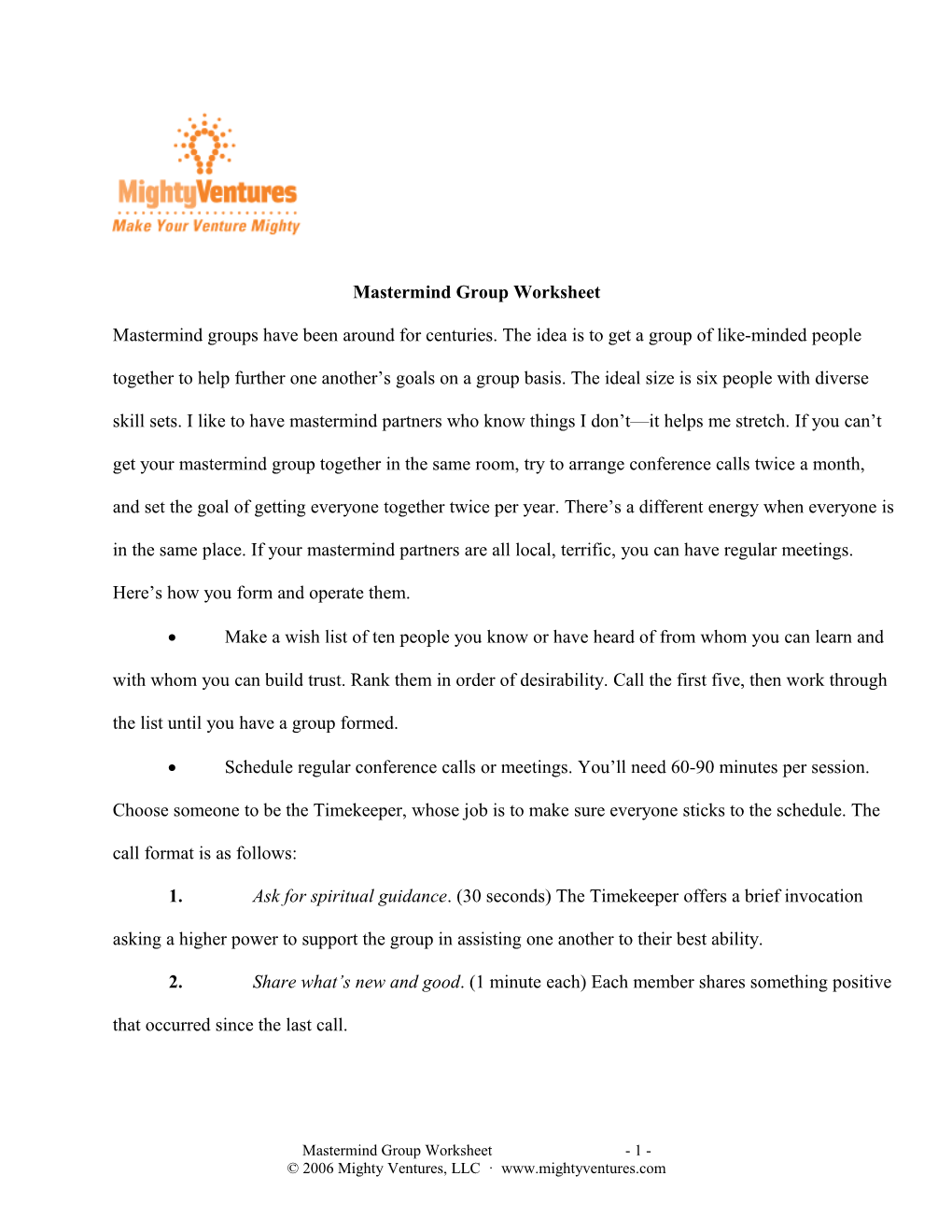 Mastermind Group Worksheet