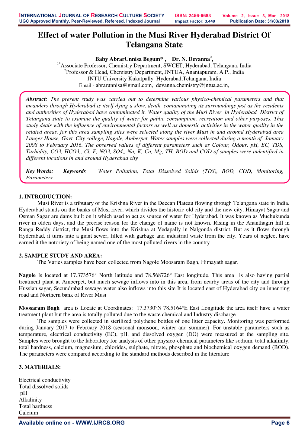 Effect of Water Pollution in the Musi River Hyderabad District of Telangana State