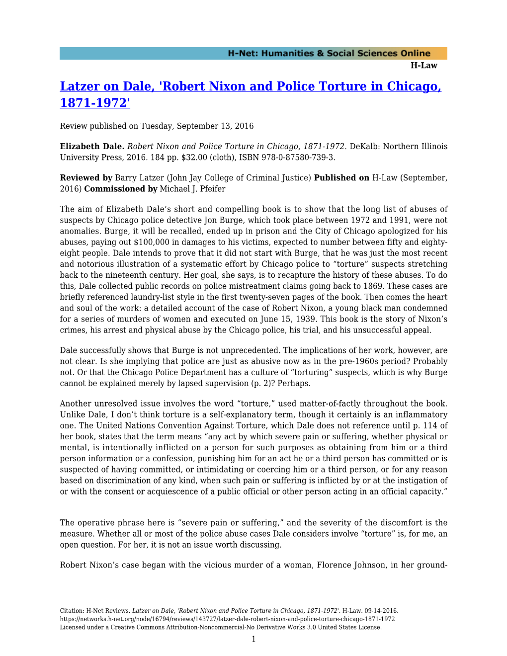 Latzer on Dale, 'Robert Nixon and Police Torture in Chicago, 1871-1972'