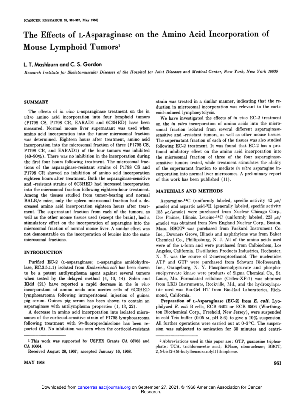 The Effects of L-Asparaginase on the Amino Acid Incorporation of Mouse Lymphoid Tumors1