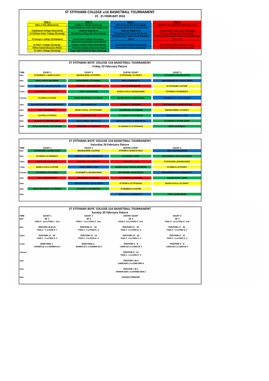 St Stithians U16 Basketball Tournament Fixtures Updated 19 Feb 2018