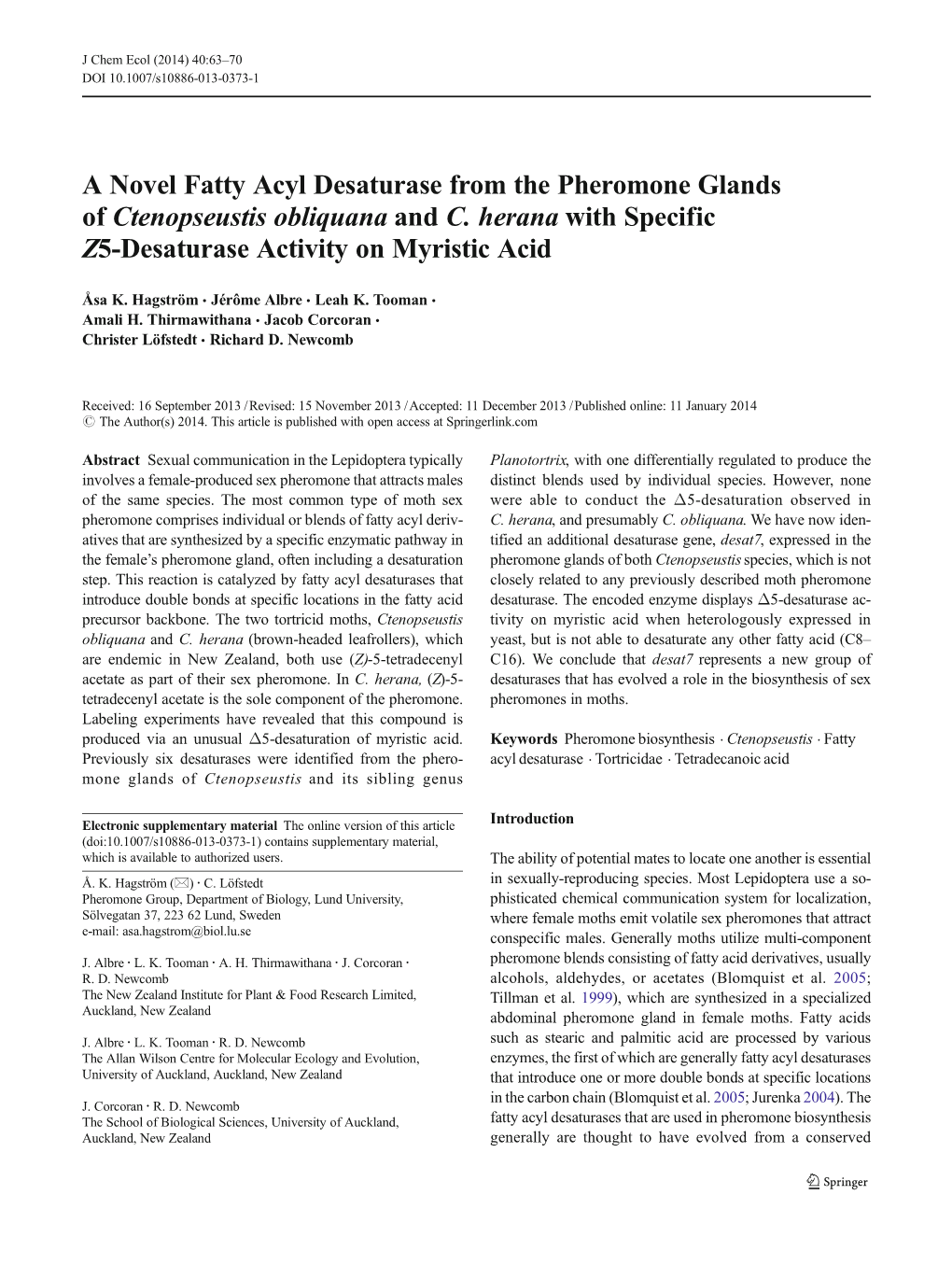 A Novel Fatty Acyl Desaturase from the Pheromone Glands of Ctenopseustis Obliquana and C. Herana with Specific Z5-Desaturase Activity on Myristic Acid