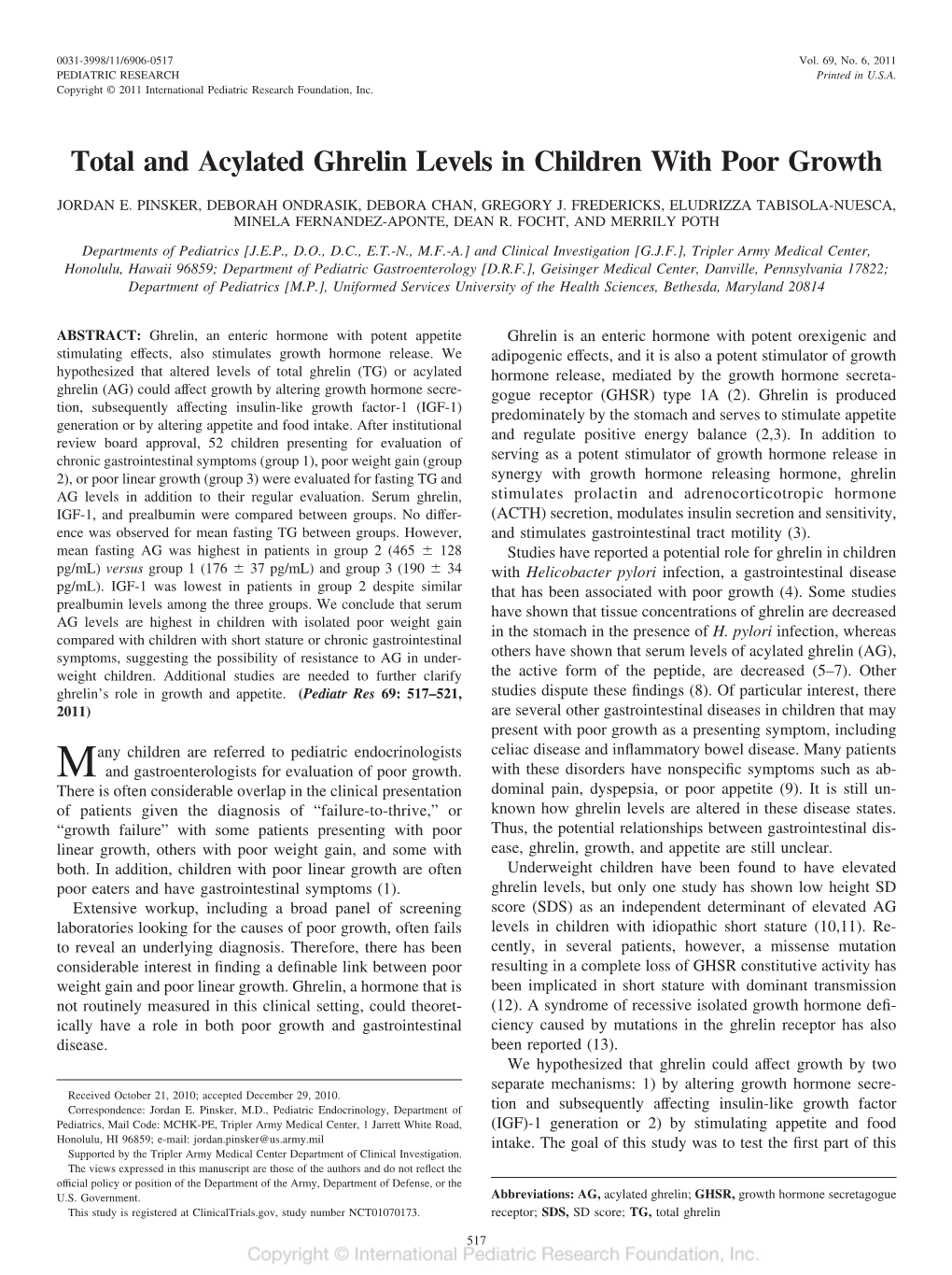 Total and Acylated Ghrelin Levels in Children with Poor Growth