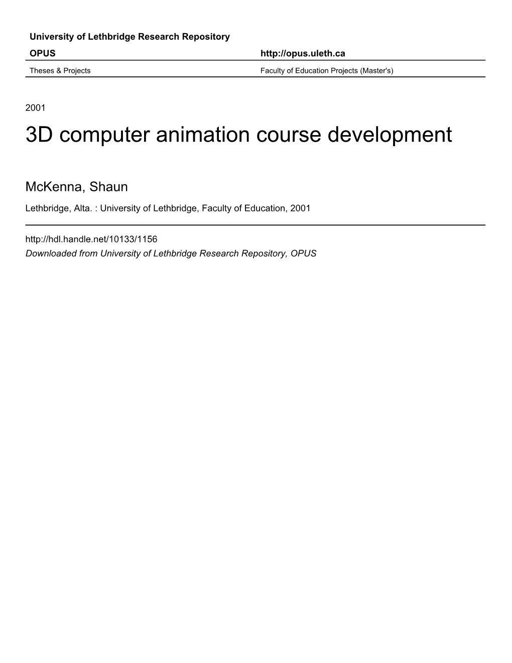 3D Computer Animation Course Development