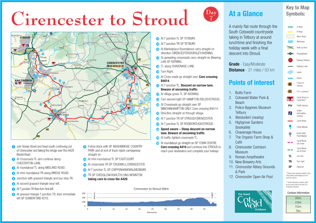 Cirencester to Stroud 50Km Contour Information 8 at Grassed Triangle T Junction TR, Then Immediate 300 Height Left SP SOMERFORD KEYS