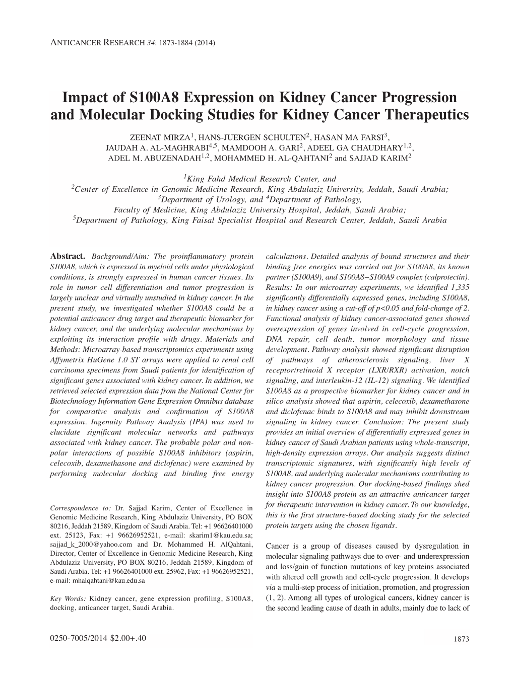 Impact of S100A8 Expression on Kidney Cancer Progression and Molecular Docking Studies for Kidney Cancer Therapeutics