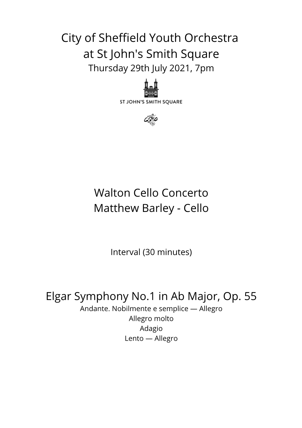 City of Sheffield Youth Orchestra at St John's Smith Square Thursday 29Th July 2021, 7Pm