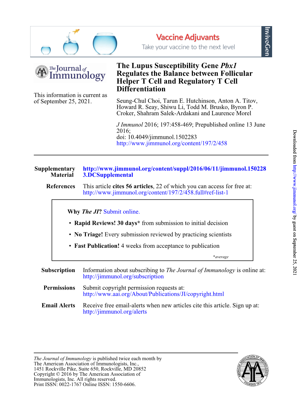 The Lupus Susceptibility Gene Pbx1 Regulates the Balance Between