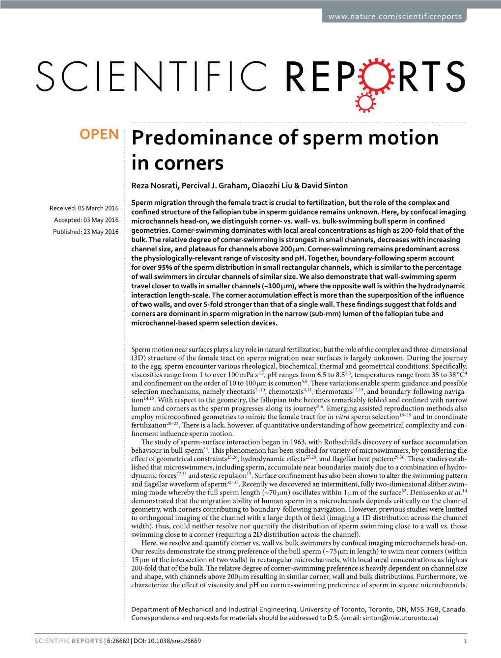 Predominance of Sperm Motion in Corners Reza Nosrati, Percival J