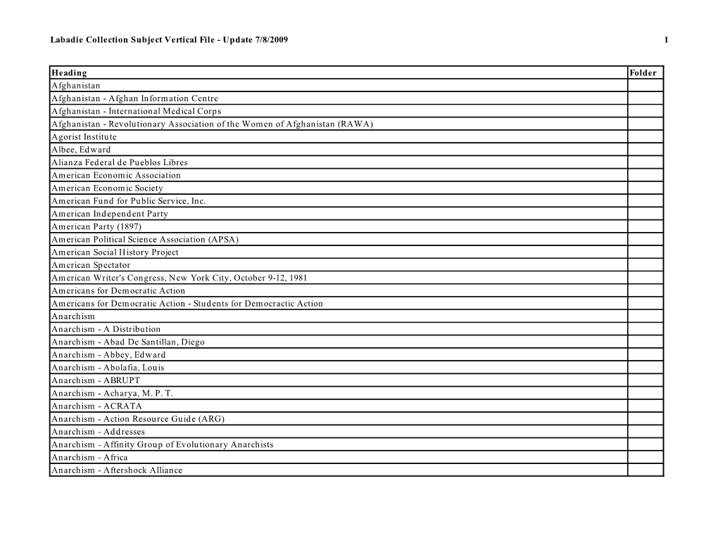 Labadie Collection Subject Vertical File - Update 7/8/2009 1