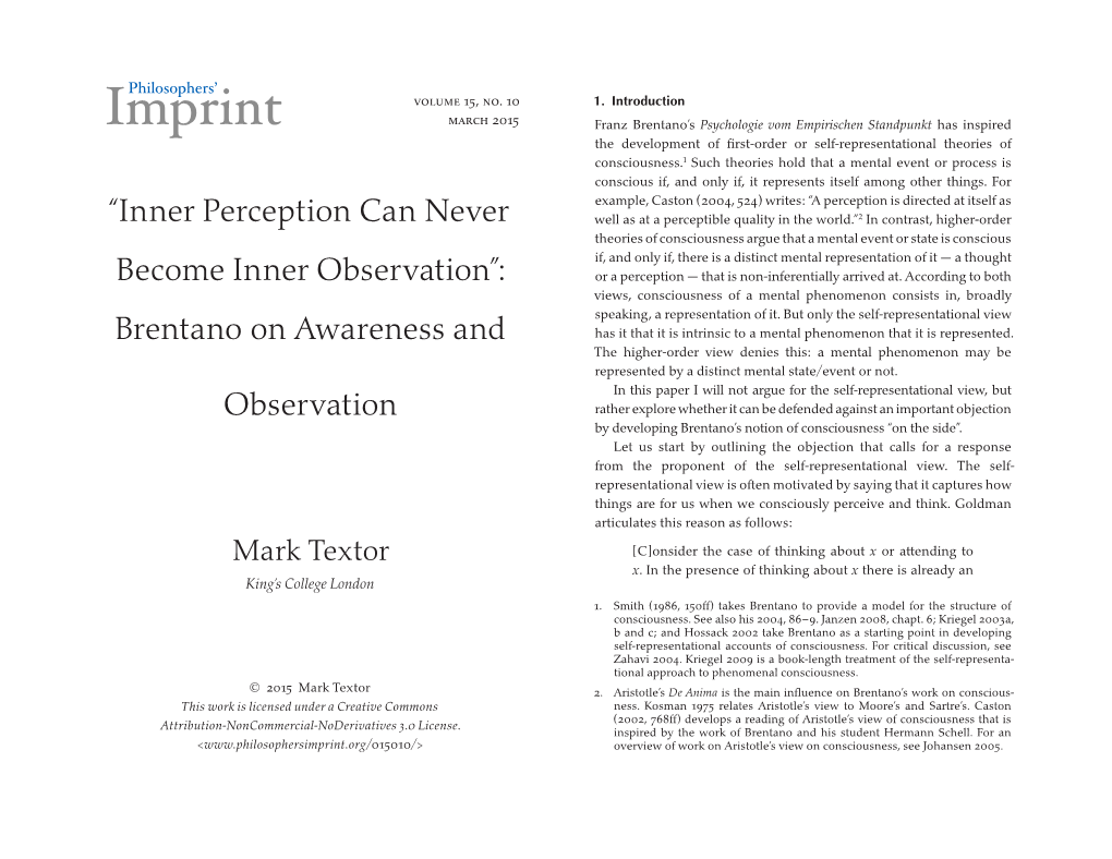 “Inner Perception Can Never Become Inner Observation”: Brentano On
