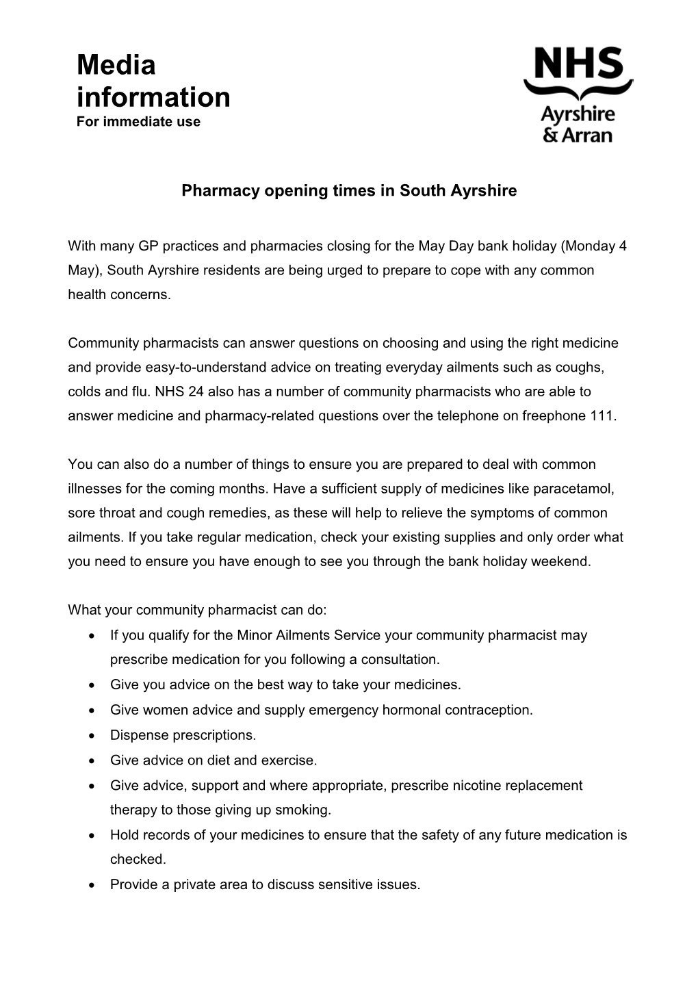 Pharmacy Opening Times in South Ayrshire