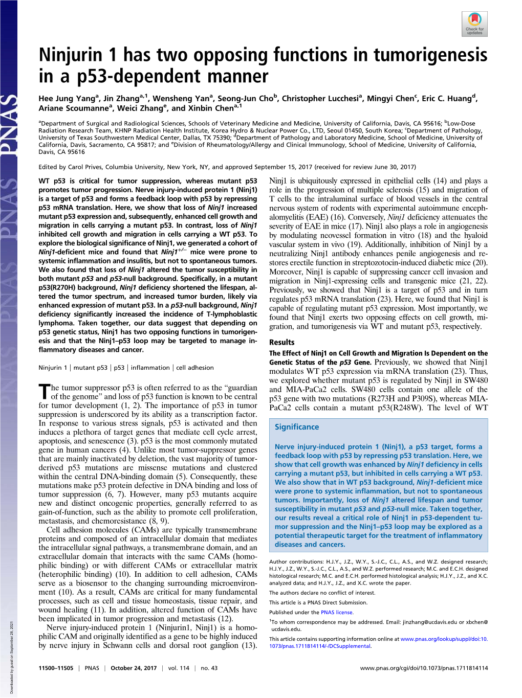 Ninjurin 1 Has Two Opposing Functions in Tumorigenesis in a P53-Dependent Manner