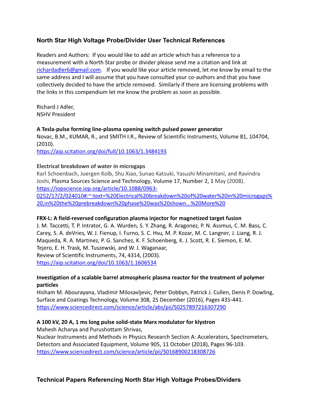 Technical Papers Referencing North Star High Voltage Probes/Dividers