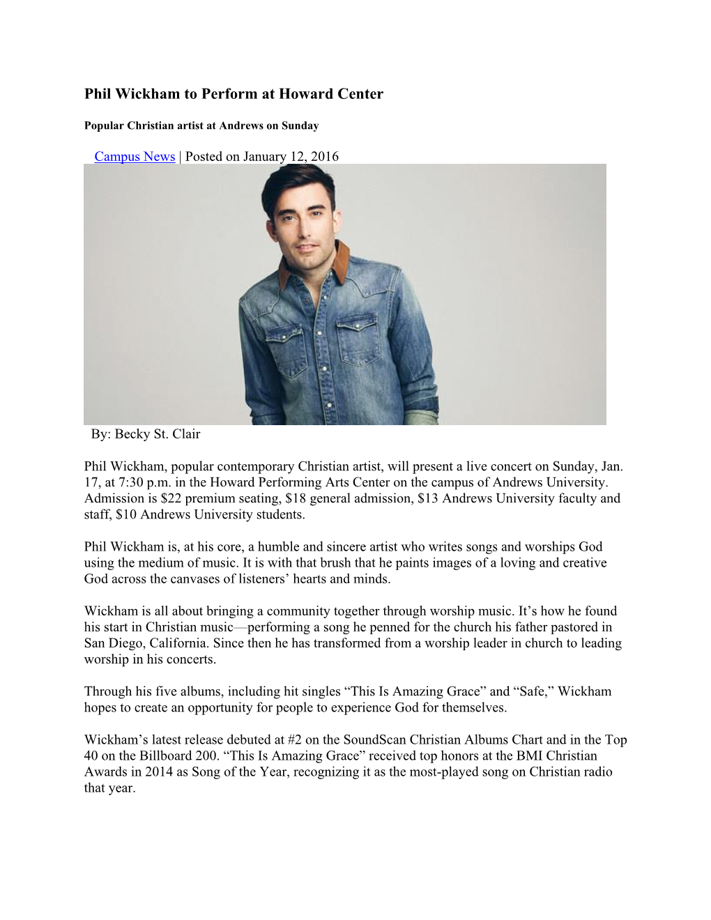 Phil Wickham to Perform at Howard Center