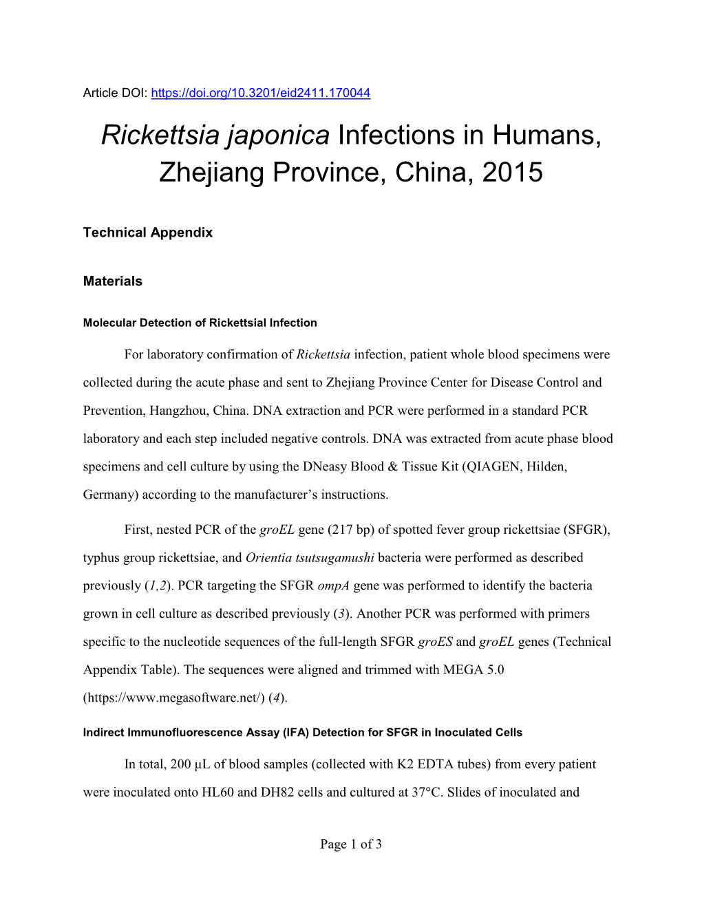 Rickettsia Japonica Infections in Humans, Zhejiang Province, China, 2015