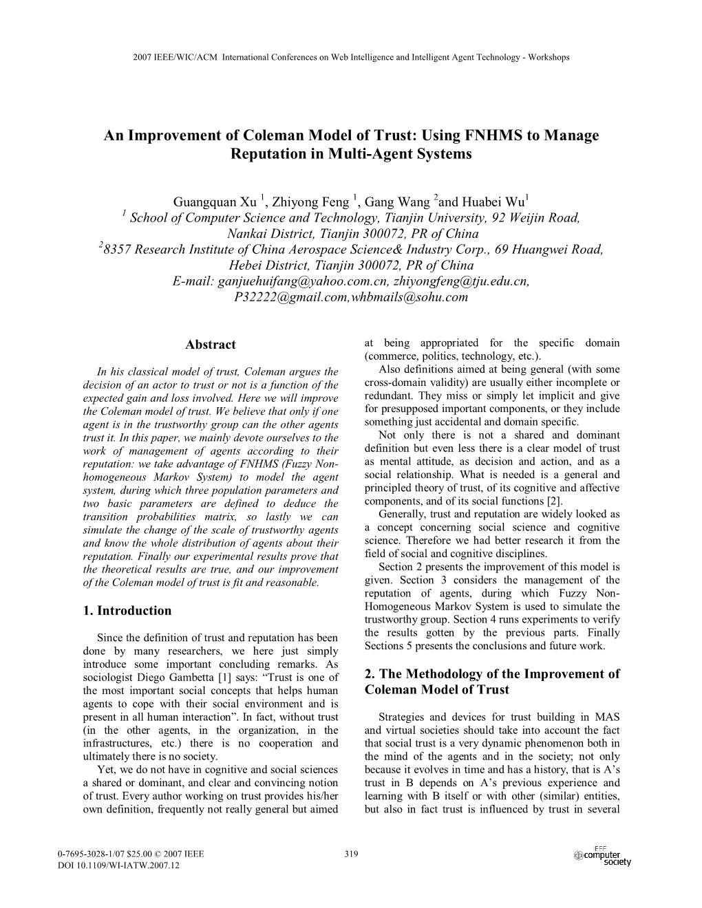 An Improvement of Coleman Model of Trust: Using FNHMS to Manage Reputation in Multi-Agent Systems