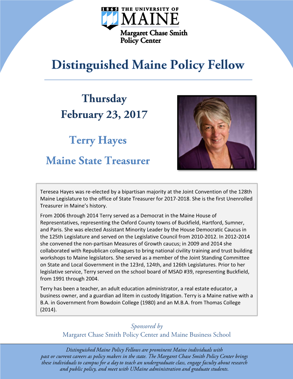 Terry Hayes Maine State Treasurer Thursday February 23, 2017
