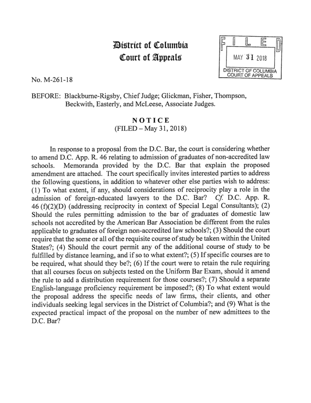 Notice No. M-261-18, Proposed Amendment to D.C. App. R. 46 Relating to Admission Of