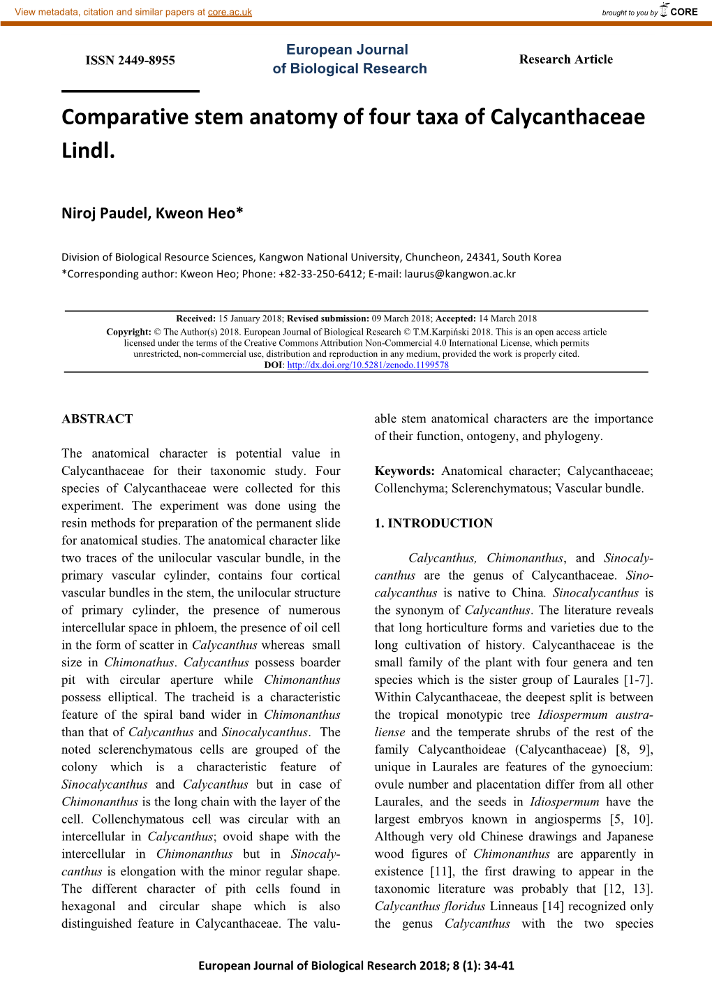 Comparative Stem Anatomy of Four Taxa of Calycanthaceae Lindl