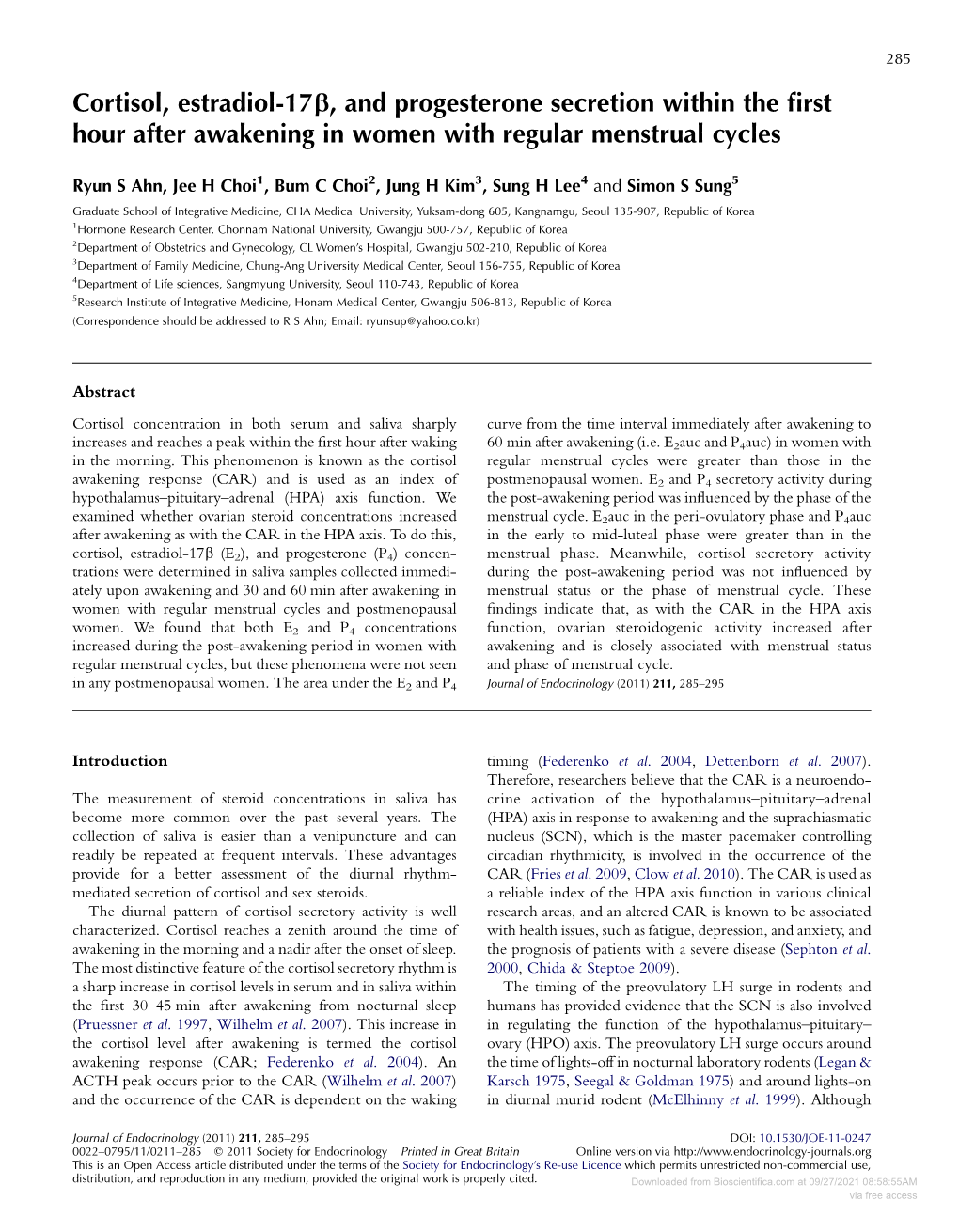 Cortisol, Estradiol-17B, and Progesterone Secretion Within the ﬁrst Hour After Awakening in Women with Regular Menstrual Cycles