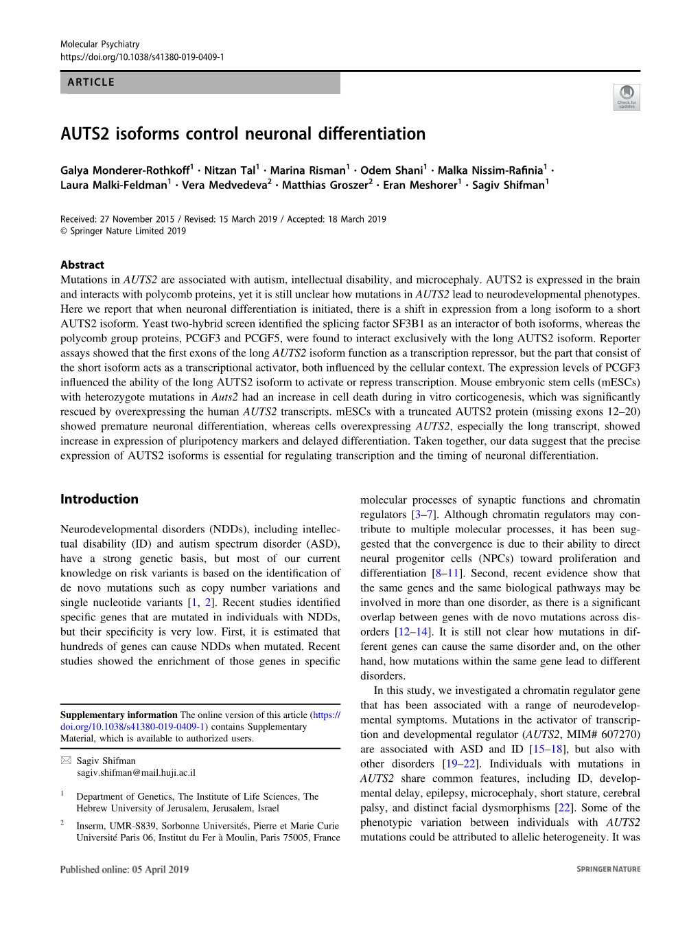 AUTS2 Isoforms Control Neuronal Differentiation