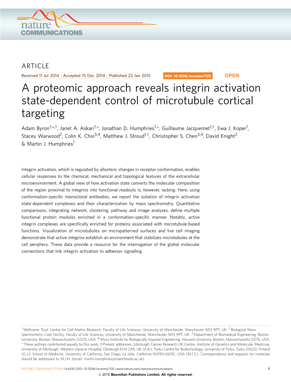 A Proteomic Approach Reveals Integrin Activation State-Dependent Control of Microtubule Cortical Targeting