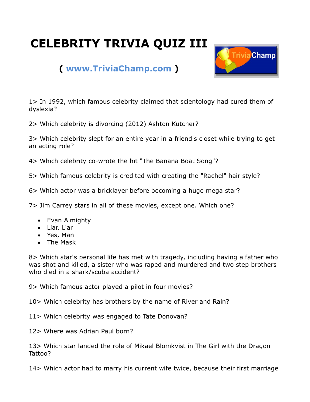 Celebrity Trivia Quiz Iii