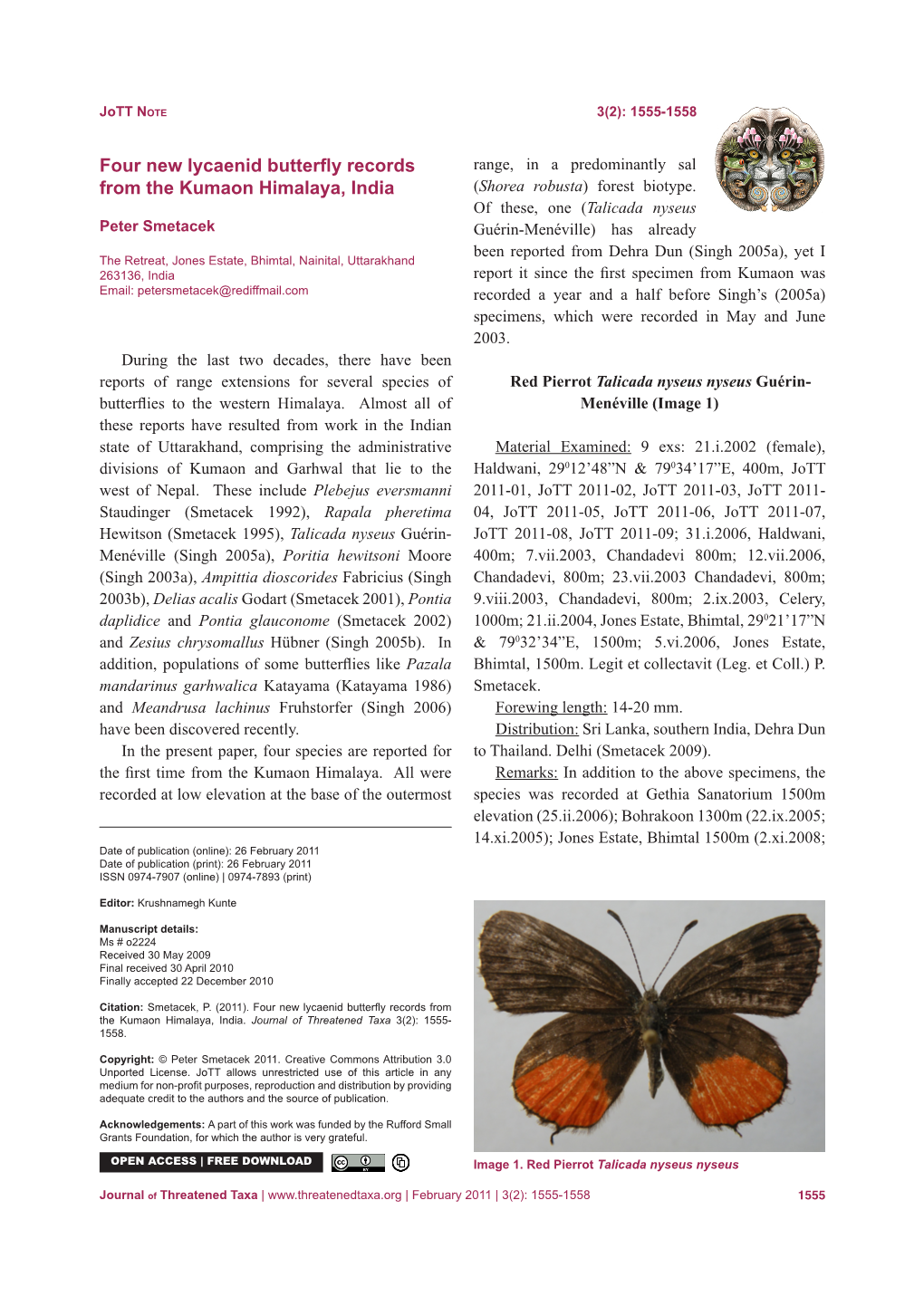 Four New Lycaenid Butterfly Records from the Kumaon Himalaya, India