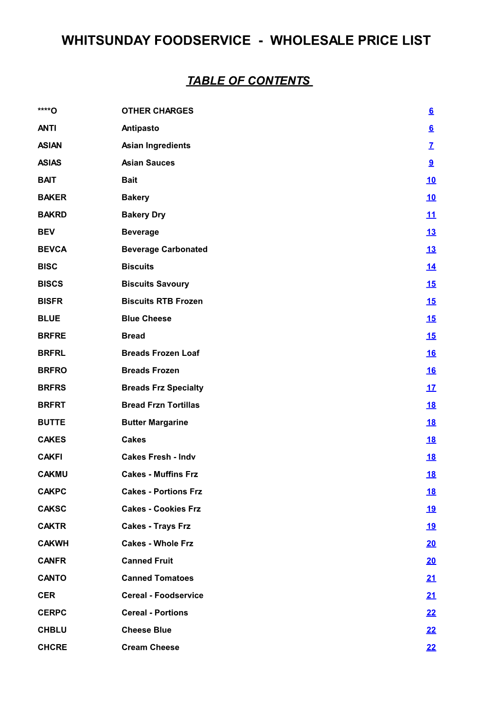 Whitsunday Foodservice - Wholesale Price List