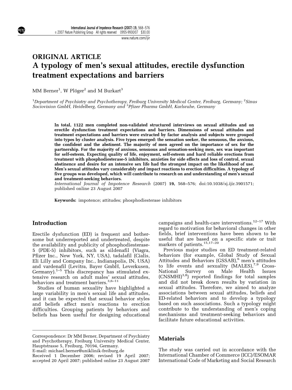 A Typology of Men's Sexual Attitudes, Erectile Dysfunction Treatment