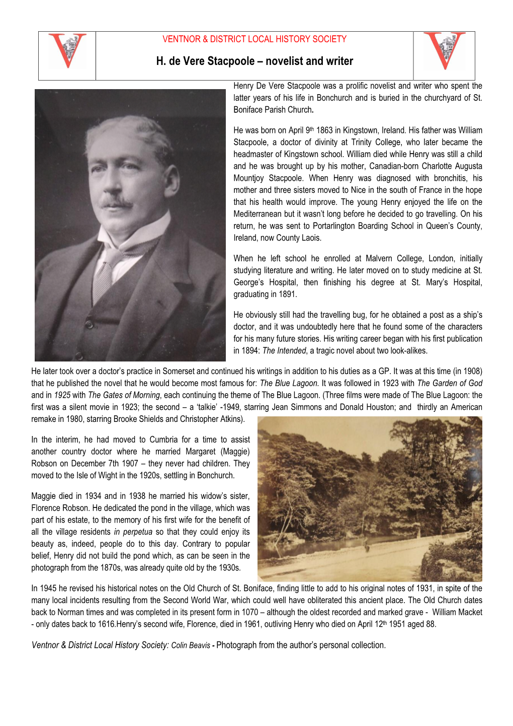 Henry De Vere Stacpoole Was a Prolific Novelist and Writer Who Spent the Latter Years of His Life in Bonchurch and Is Buried in the Churchyard of St