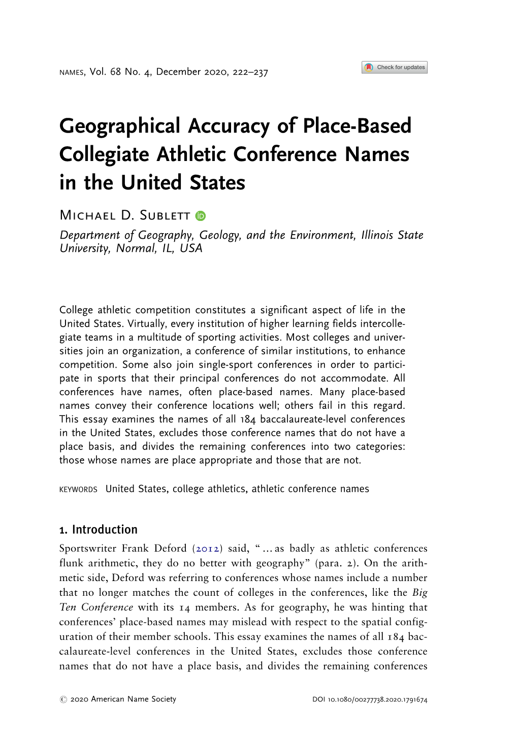 Geographical Accuracy of Place-Based Collegiate Athletic Conference Names in the United States Michael D