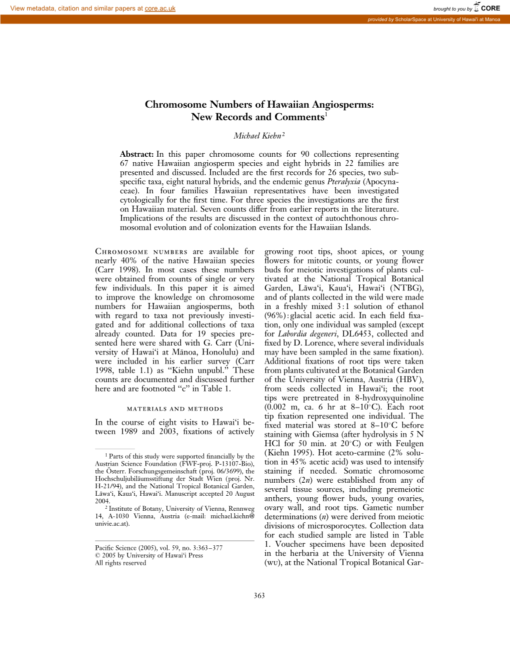 Chromosome Numbers of Hawaiian Angiosperms: New Records and Comments1