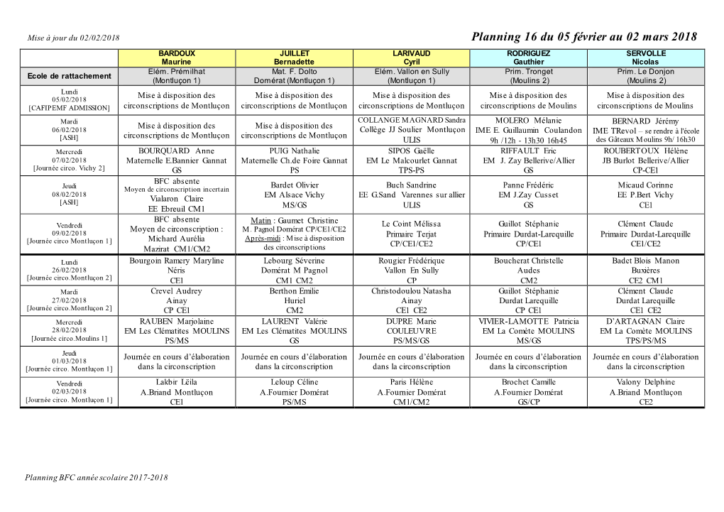 Planning 16 Du 05 Février Au 02 Mars 2018