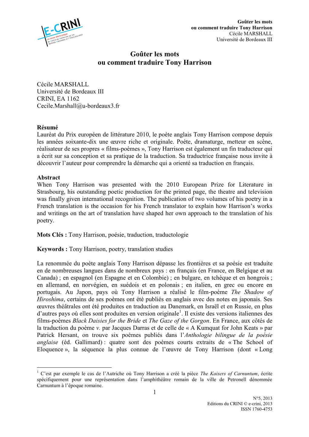 Goûter Les Mots Ou Comment Traduire Tony Harrison Cécile MARSHALL Université De Bordeaux III