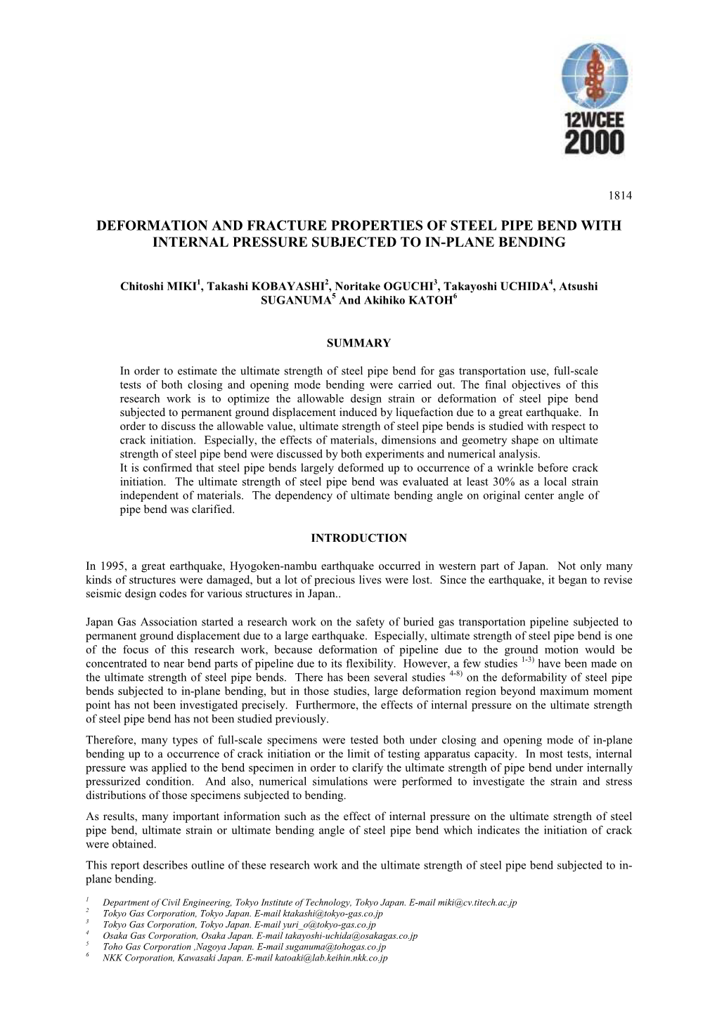 Deformation and Fracture Properties of Steel Pipe Bend with Internal Pressure Subjected to In-Plane Bending