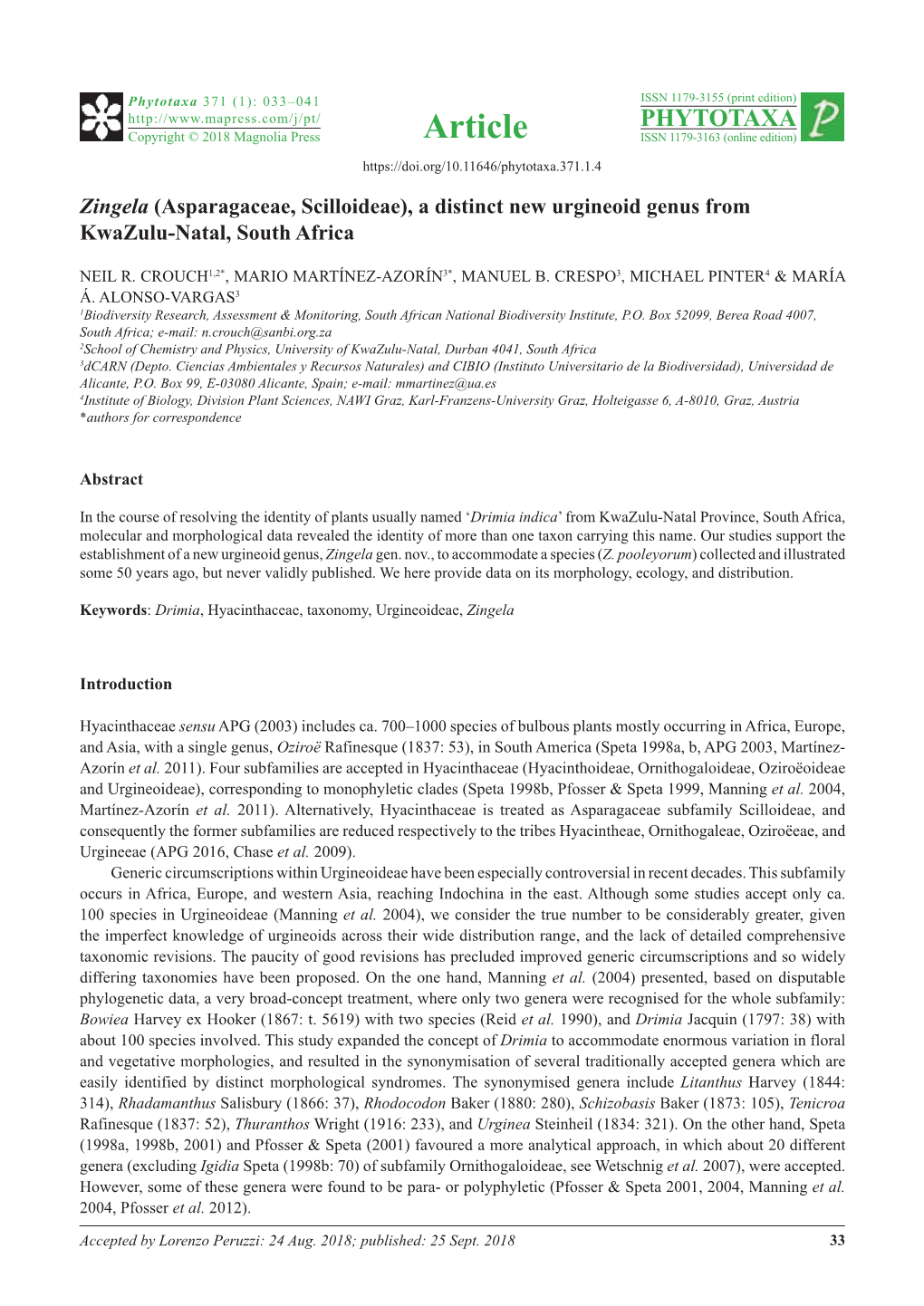 Zingela (Asparagaceae, Scilloideae), a Distinct New Urgineoid Genus from Kwazulu-Natal, South Africa