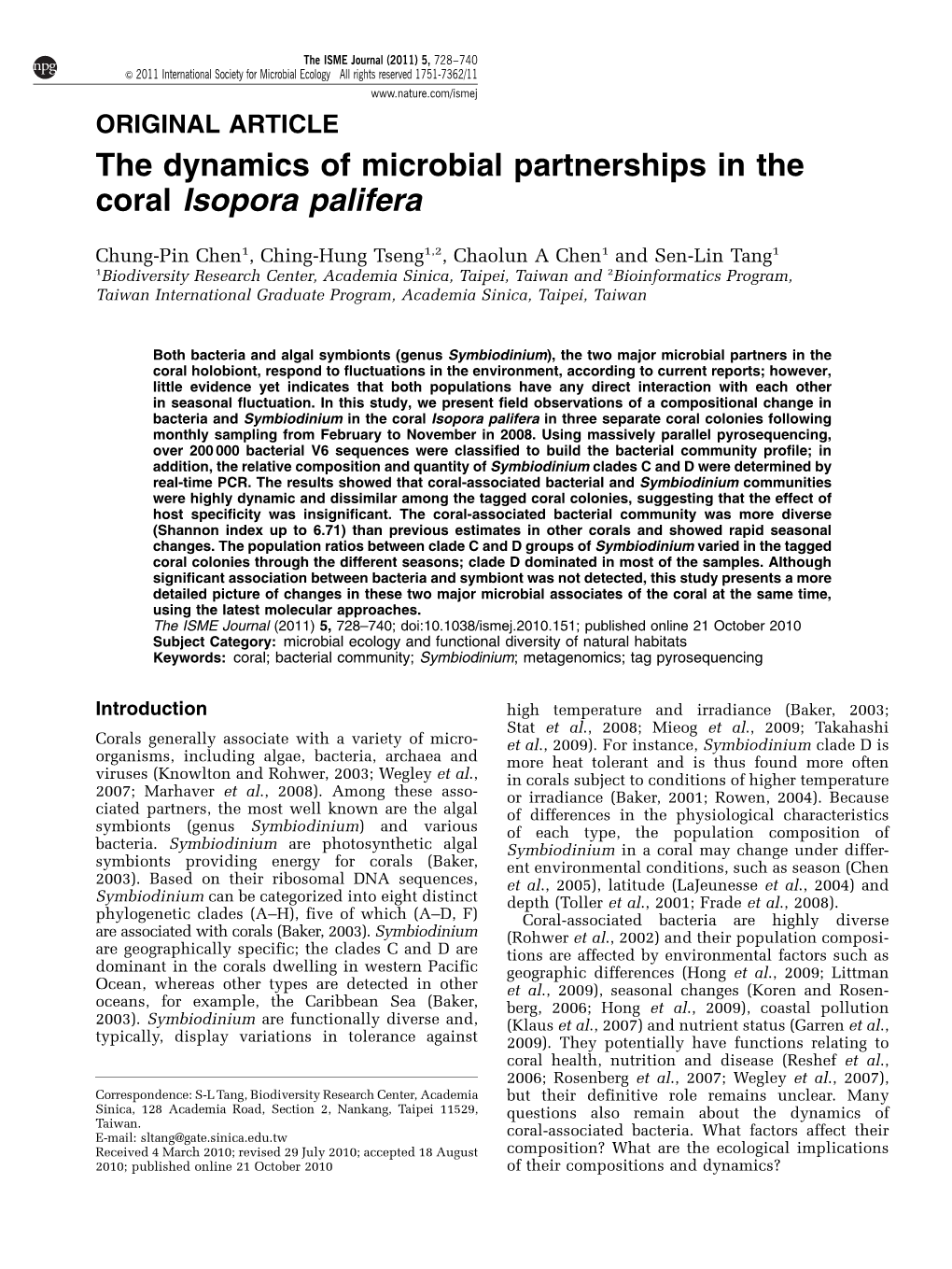 The Dynamics of Microbial Partnerships in the Coral Isopora Palifera