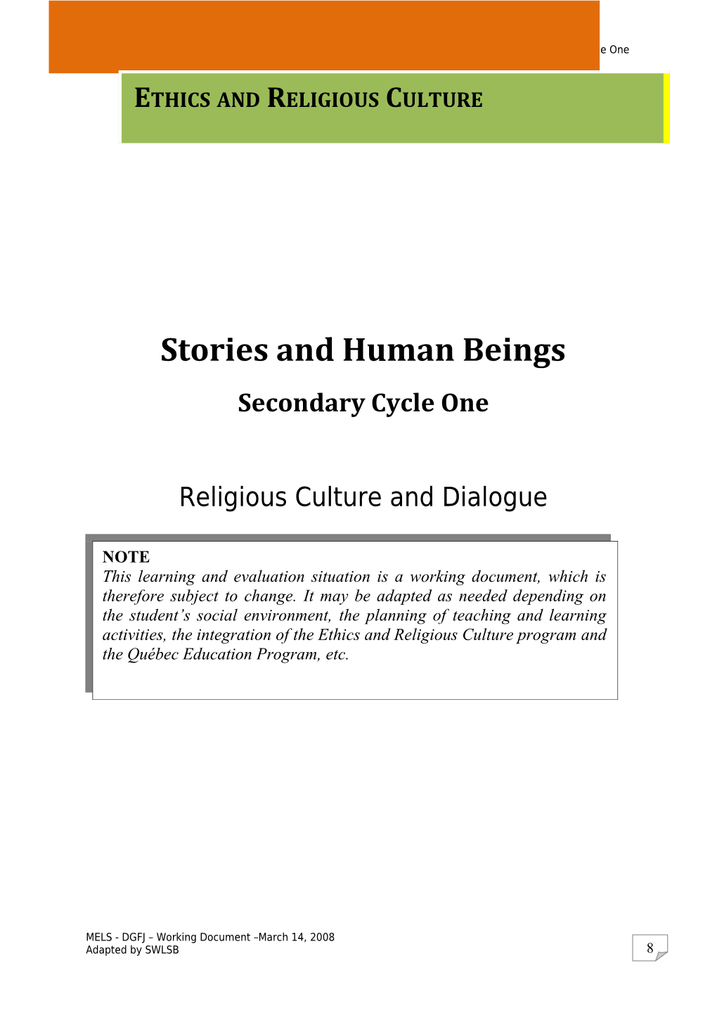 ERC LES Religious Culture and Dialogue Secondary Cycle One