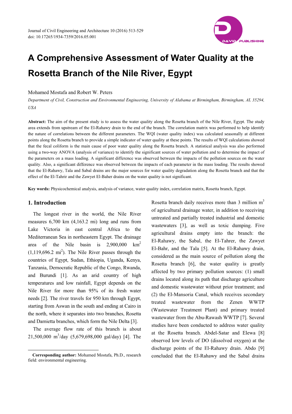 A Comprehensive Assessment of Water Quality at the Rosetta Branch of the Nile River, Egypt